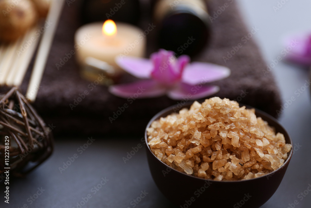 Beautiful composition of spa treatment on grey background Beautiful composition of spa treatment on grey background