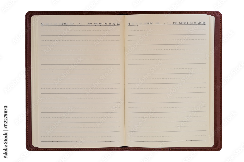 Blank leather notebook isolated on white background.Top view Blank leather notebook isolated on white background.Top view