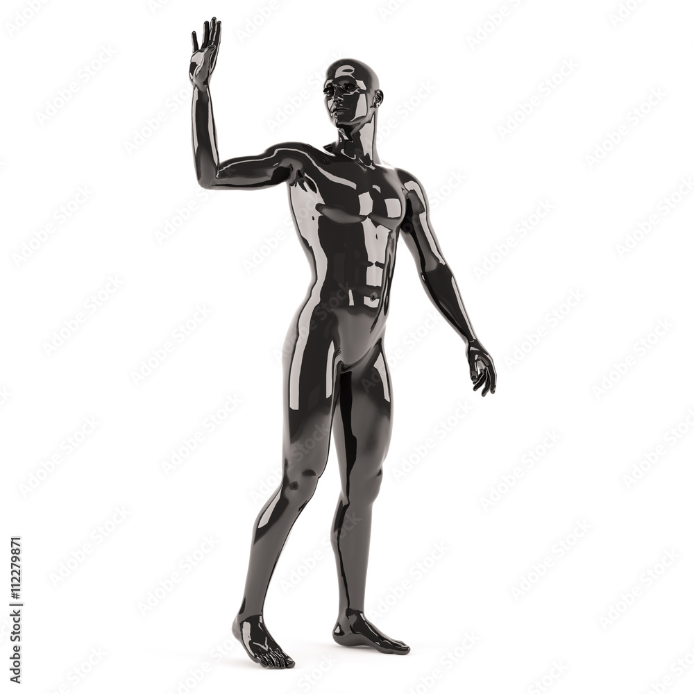 Abstract black plastic human body mannequin over white background. Greeting standing pose. 3D rendering illustration