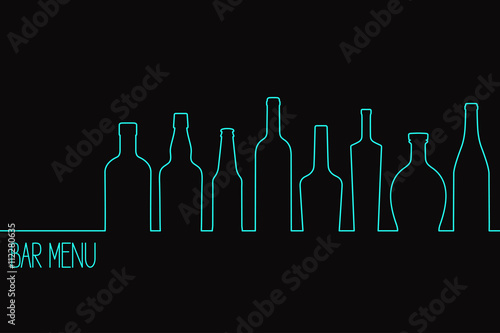 Linear style design for bar drinks menu or cocktail party invitation with various bottles 