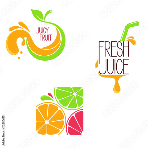 Set of icons, emblems and design elements for fruit and vegetable, freshly squeezed juice or juice bar menu
