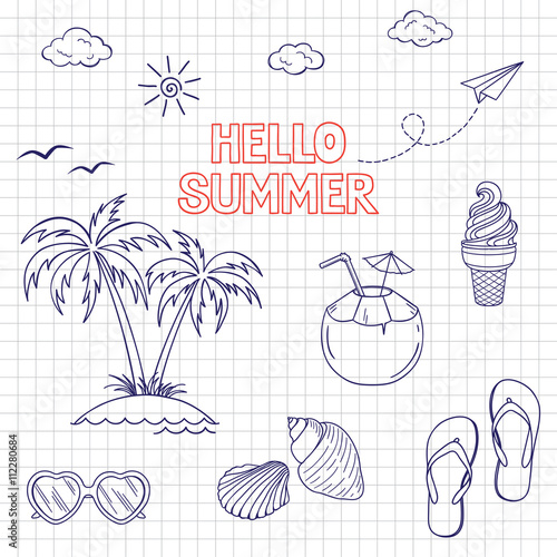 Set of icons and design elements for summer holidays and beach rest in doodle style