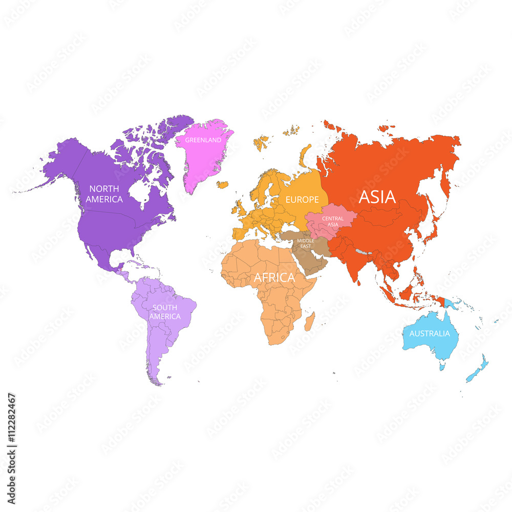 Obraz Mapa świata z nazwami kontynentów. Ilustracji wektorowych.