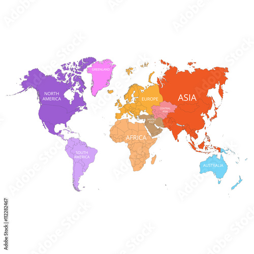 World map with the names of the continents. Vector illustration. 
