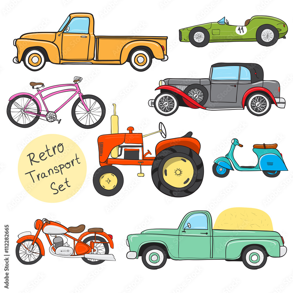 Fototapeta premium Collection of various funny hand-drawn transports - vector illustration. Old times. Isolated on a white background. Doodle. Sketch.