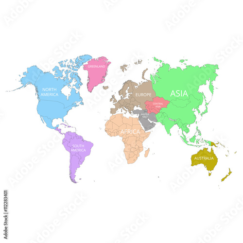 World map with the names of the continents. Vector illustration.  