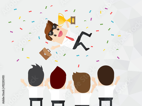 celebration of winner businessman holding briefcase and golden trophy being thrown up in air by collaboration team