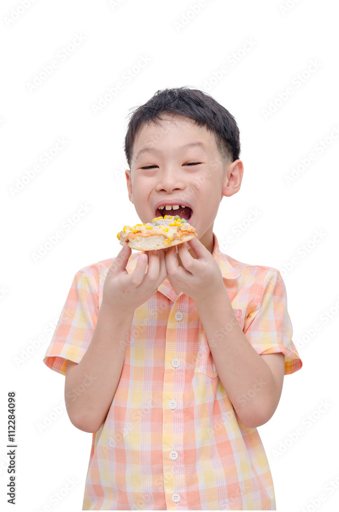Young asian boy eating pizza over white background Young asian boy eating pizza over white background