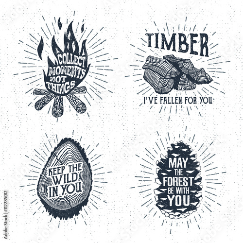 Hand drawn vintage badges set with textured bonfire, timber, tree trunk, and pine cone vector illustrations and inspirational lettering.