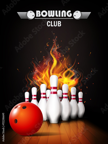 Bowling poster with ball and bowling pins.