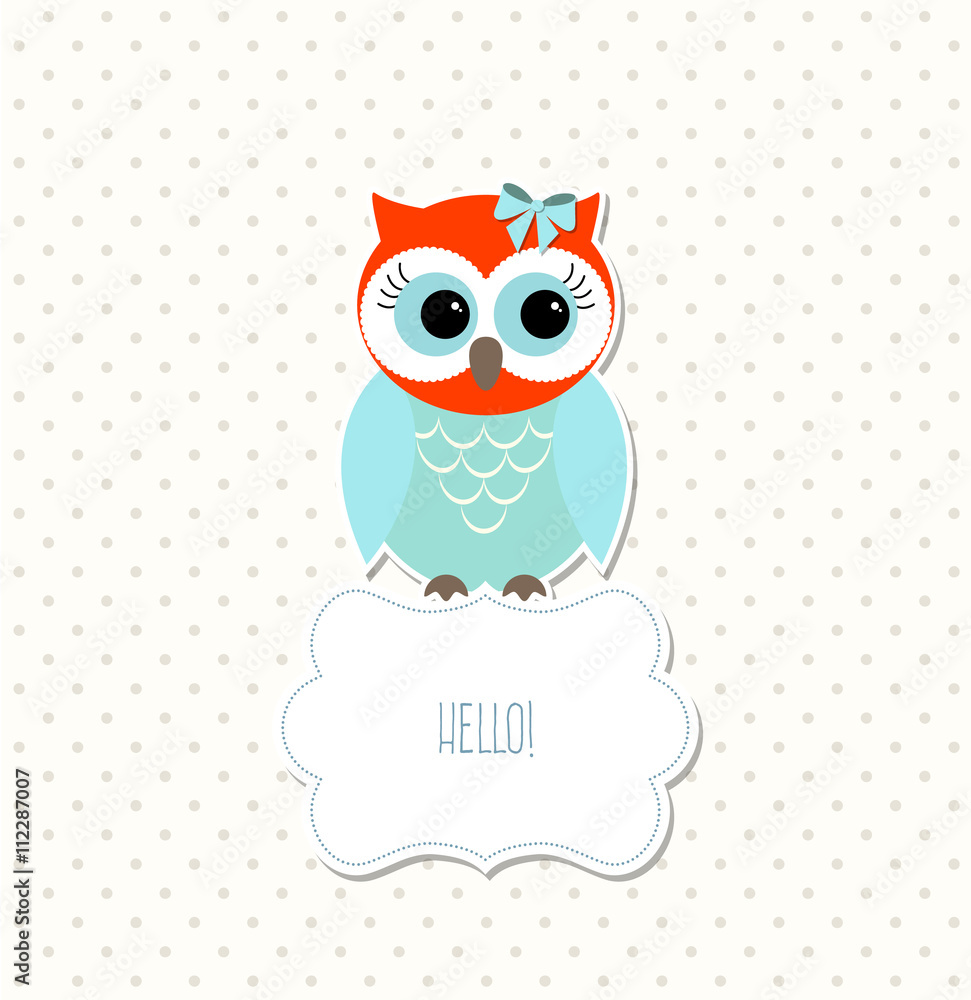 Fototapeta premium Cute colorful owl sitting on white sign with text Hello, illustration