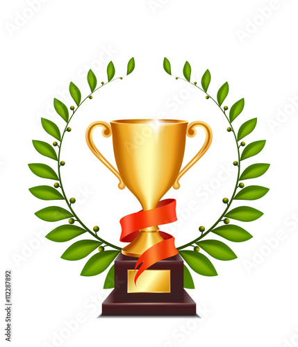 Winner gold cup with red ribbon and laurel wreath.