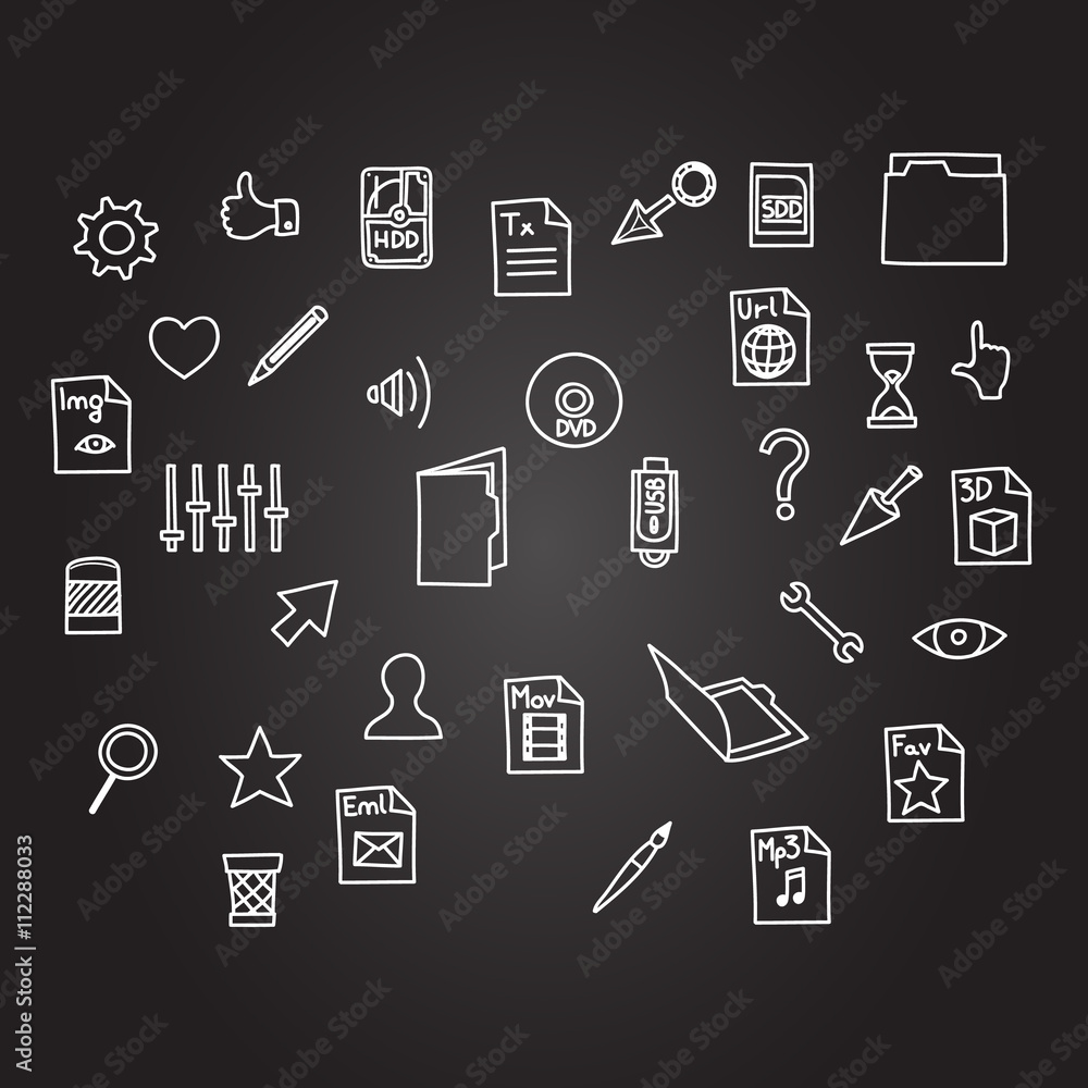 misc file and cursor computer technology icon business set in sketch hand drawing black board style misc file and cursor computer technology icon business set in sketch hand drawing black board style