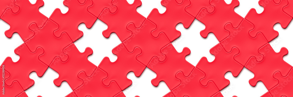 big diagonal red jigsaw puzzle pieces interlocking with some missing pieces on a white background (seamless texture, 1x3 format, 3d illustration) big diagonal red jigsaw puzzle pieces interlocking with some missing pieces on a white background (seamless texture, 1x3 format, 3d illustration)
