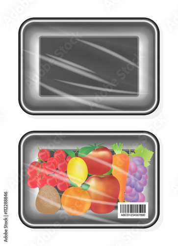 top view of Black polystyrene packaging mockup with fruite inside