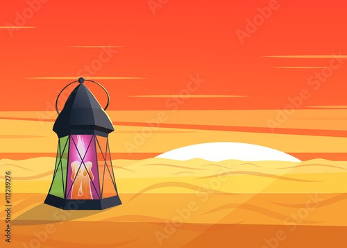 luminous lantern stands in the desert at a sunrise