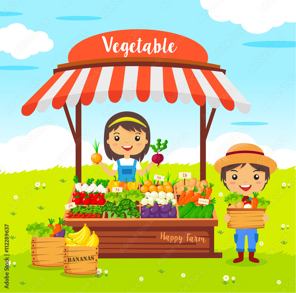 vegetables shop stall, farmers market, cartoon characters vector, Local