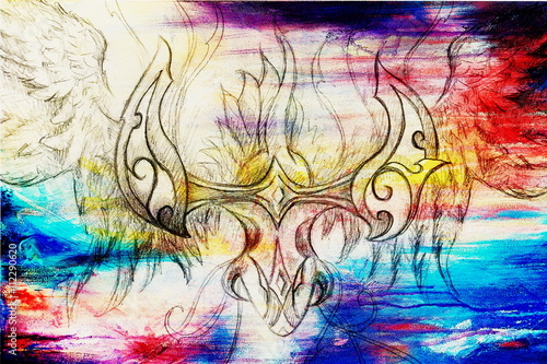 Fototapeta Naklejka Na Ścianę i Meble -  drawing of ornamental phoenix on old paper background computer collage and color structure.