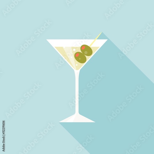 Martini glass and alcohol with green olives illustration, Martini icon cocktail vector, flat design