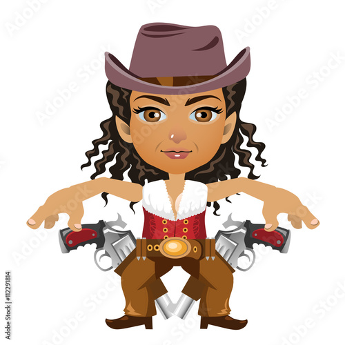 Brunette woman with guns, cartoon vector character