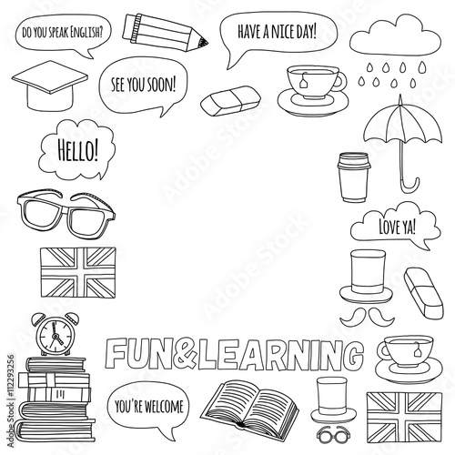 Vector set Doodle patterns and icons English courses Language school