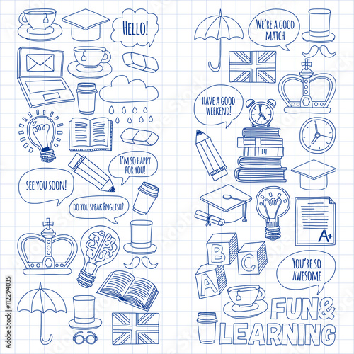 Vector doodle patterns English courses Language school