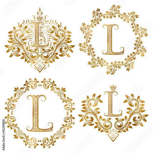 Golden letter L vintage monograms set. Heraldic monogram in coats of arms form, letter L in floral round frame, letter L in wreath, heraldic monogram in floral decoration with crown.