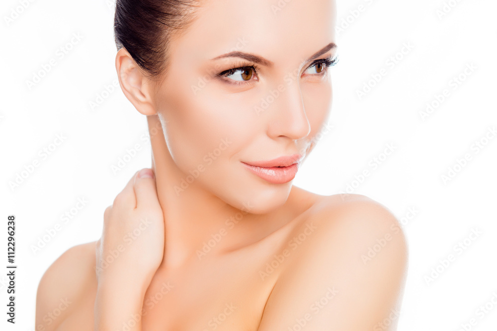 Pretty woman touching her neck on white background Pretty woman touching her neck on white background