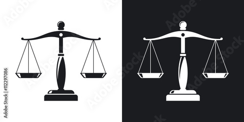 Vector vintage scales of justice icon. Two-tone version on black and white background