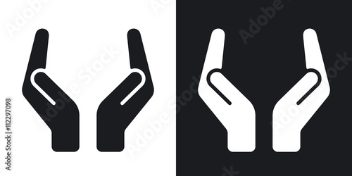 Vector two protecting hands icon. Two-tone version on black and white background