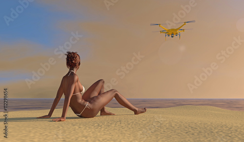 3D illustration of a young woman wearing a swimsuit on a beach with a UAV drone looking on. Fictitious UAV. Depicting erosion of privacy through technology; lens flare, depth-of-field, motion blur.