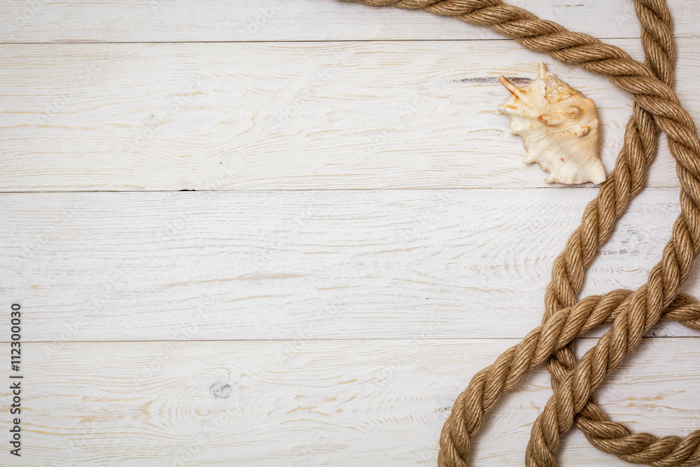 sea shell and rope on white boards sea shell and rope on white boards