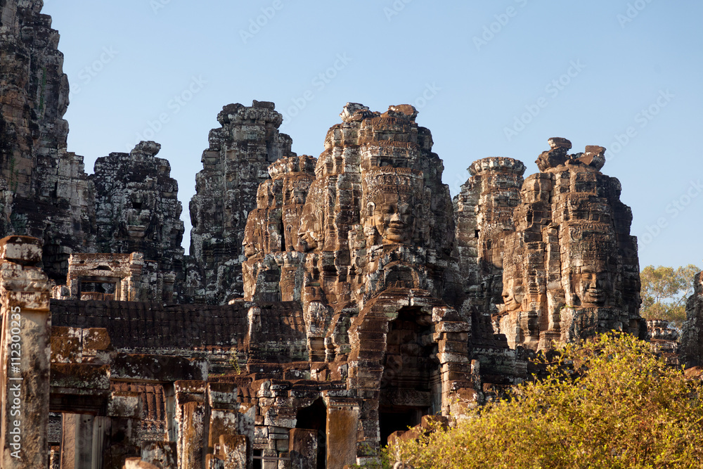 Dramatic view at sunset of Bayon Temple in Angkor Thom, Angkor district, Siem Reap, Cambodia