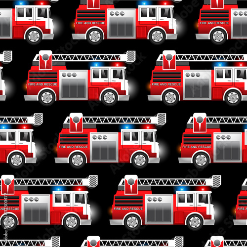 3D illustration of a Red Fire and Rescue truck seamless pattern