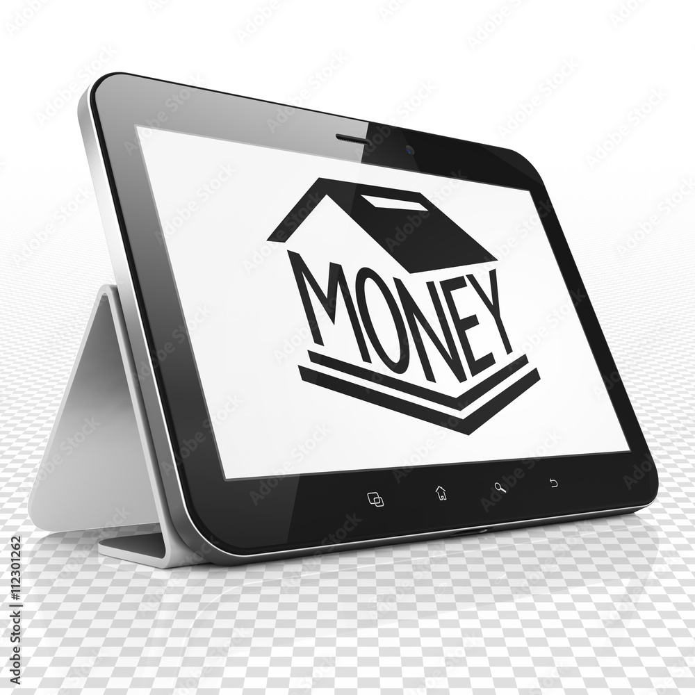 Banking concept: Tablet Computer with Money Box on display Banking concept: Tablet Computer with Money Box on display
