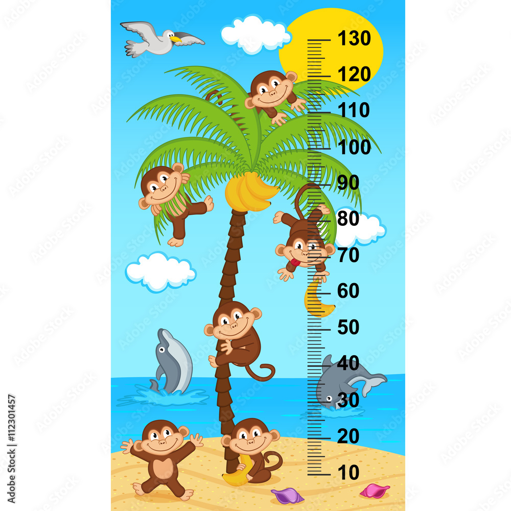 Fototapeta premium miara wysokości palmy z małpami (w oryginalnych proporcjach 1: 4) - ilustracja wektorowa, eps