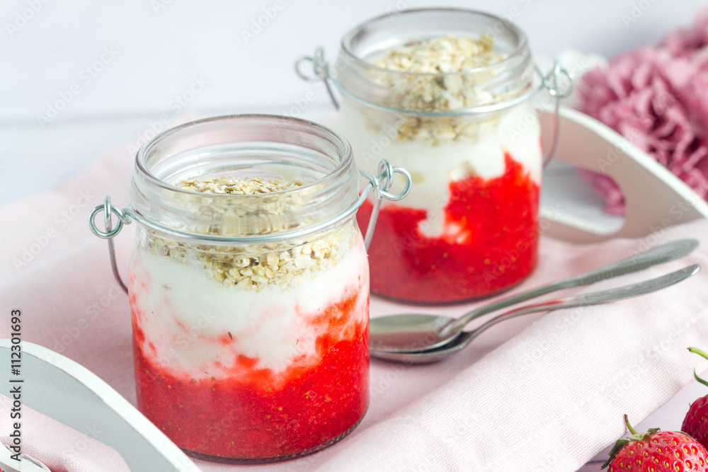 Fruit yogurts on tray Fruit yogurts on tray