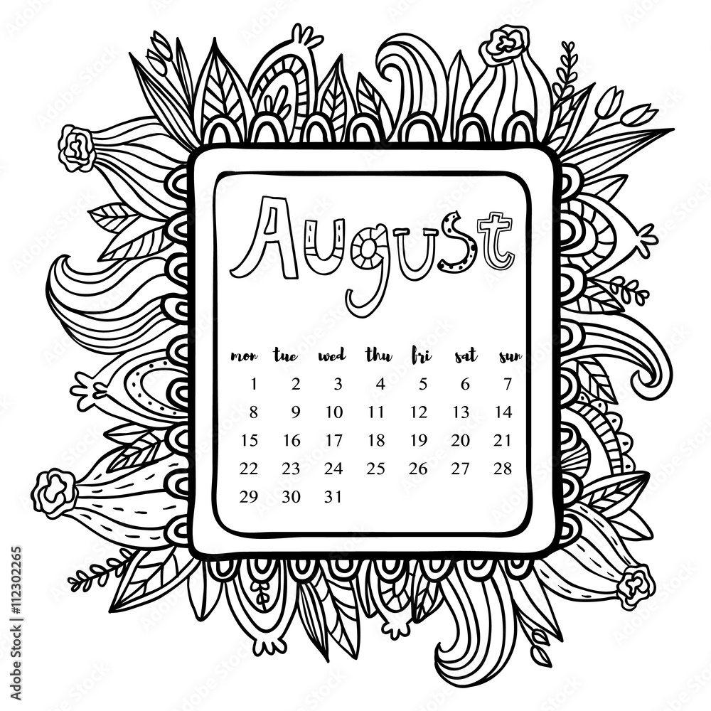 August 16 Calendar Doodle Frame Cute Floral Decorated Frame Printable Page Coloring Page Stock Vector Adobe Stock
