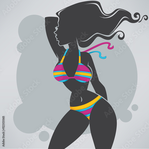 summer background with image of girl in bright swimsuit