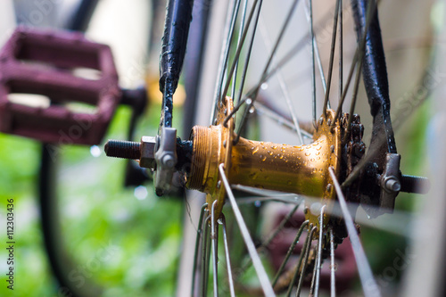 Bicycle wheel on green meadow close up