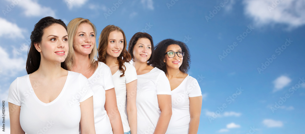 group of happy different women in white t-shirts group of happy different women in white t-shirts
