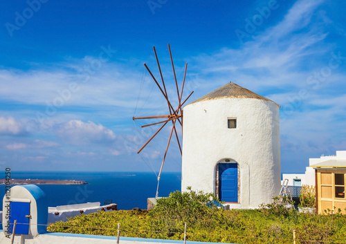 Traditional windmill building at Oia town, santorini, Greece 