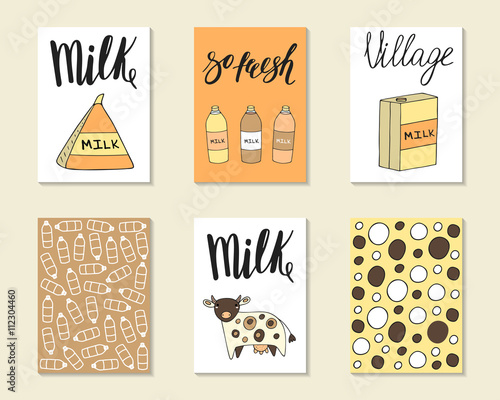 Cute hand drawn doodle milk, food industry cards, brochures
