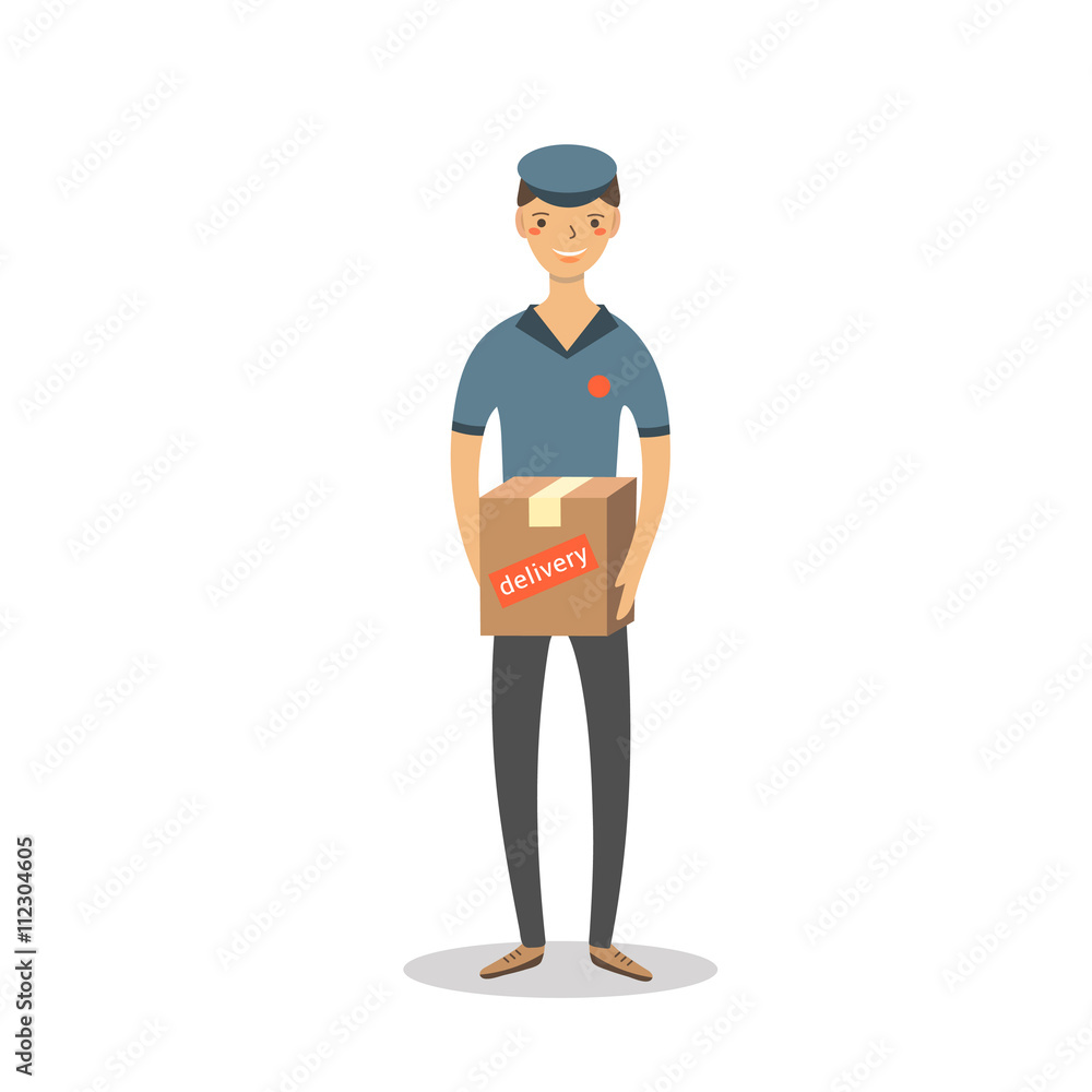 Cute flat style postman with box, parcel. Cute flat style postman with box, parcel.