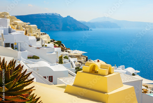 Building of Santorini, Greece ( selective focus at front yellow structure)
