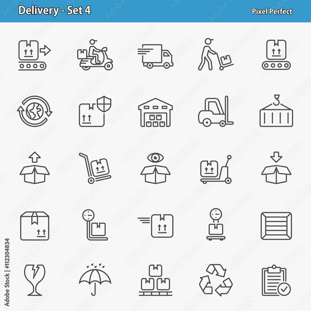 Delivery Icons. Professional, pixel perfect icons optimized for both large and small resolutions. EPS 8 format.