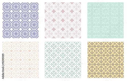 Set of seamless patterns of unsaturated colors, Arabic style. Swatches are included.