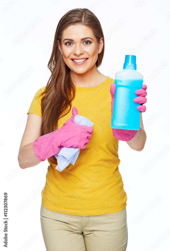 Cleaning fluid. Smiling woman hold blue bottle Cleaning fluid. Smiling woman hold blue bottle
