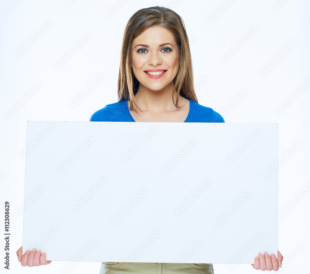 Smiling woman holding advertising board Smiling woman holding advertising board