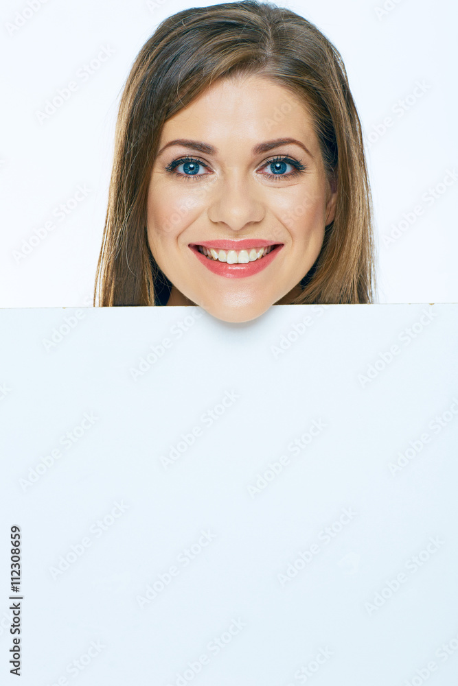 Woman face with board. Close up emotional portrait. Woman face with board. Close up emotional portrait.
